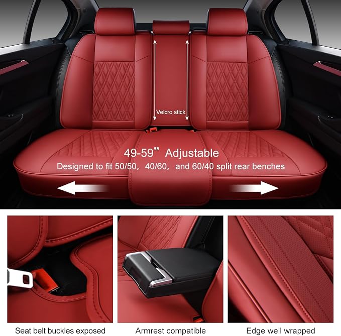 Car Seat Covers Full Set, Breathable Leather Automotive Front and Rear Seat Covers, Car Seat Protectors Full Set,Universal Automotive Vehicle Seat Cover for Most Sedan SUV Pick-up Trucks, Wine Red