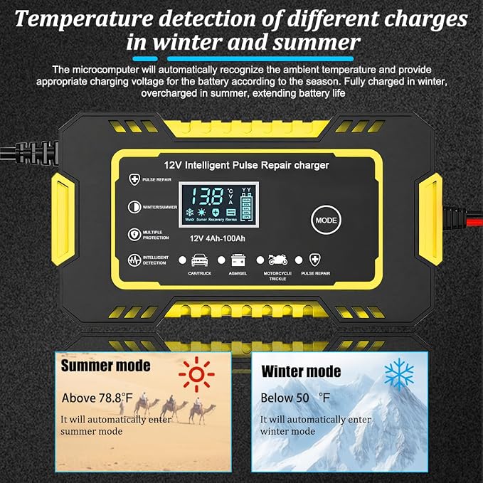 Car Battery Charger, 12V 6A Smart Fully Trickle Vehicle Battery Charger & Desulfator with Temperature Compensation, Portable Automotive Power Maintainer, Universal Fit (Yellow)