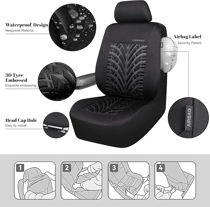 CAR PASS Neoprene Waterproof Seat Covers,Wetsuit Car Seat Covers Front Seats Universal Fit for Vans, Truck, SUV Two Front Only, 3D Tyre Embossed Anti Slip with Armrests, Airbag Compatible(Black)