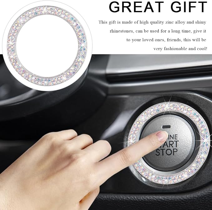 Car Bling Crystal Rhinestone Engine Start Ring Decals, Sparkling Diamond Car Push Start Button Ignition Ring Sticker, Auto Key Ignition Knob Ring Decoration for Women Girls (AB)