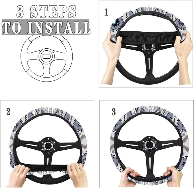 Wanyint Auto Steering Wheel Cover for Women Men, Universal 15 Inch Soft Elastic Steering Wheel Wrap Anti-Slip Easy to Install Car Accessories, Southwest Aztec Blue Gray