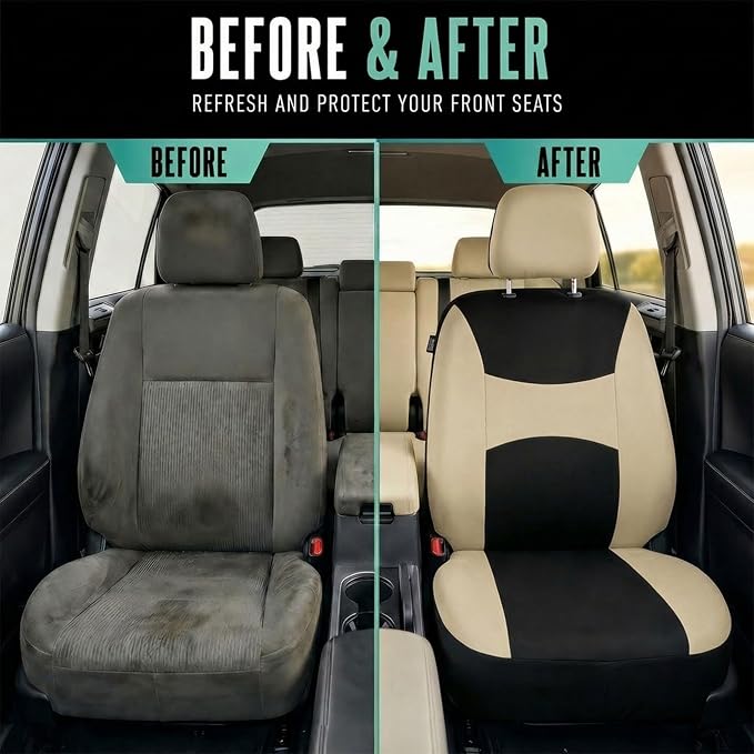 Automotive Seat Covers Beige Black Universal Fit Seat Cover Combo Set with Steering Wheel Cover and Seat Belt Pad (Airbag Compatible and Split Bench)