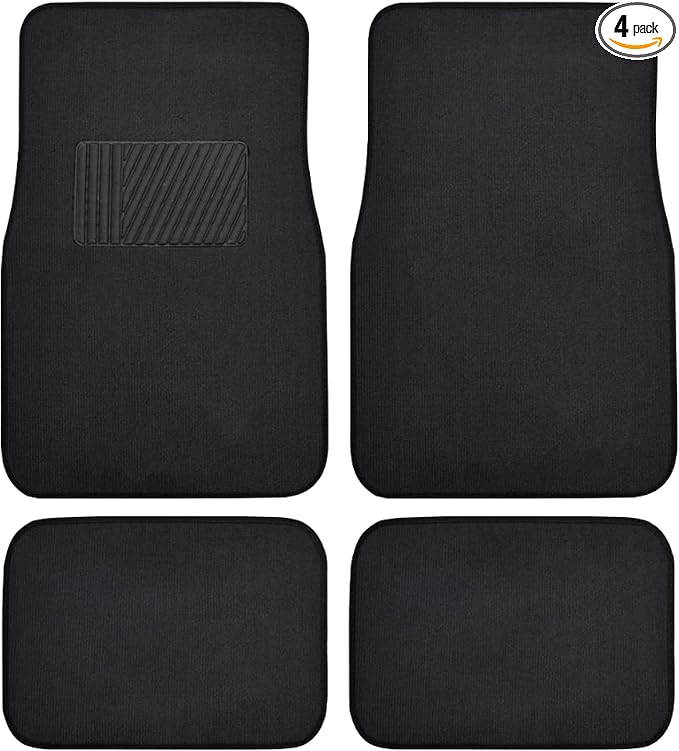 BDK Premium 4PC Set of Carpet Car Floor Mats with Vinyl Safety Heel Pad for Car, Truck, SUV, Coupe Sedan, Black (MT-100-BK)