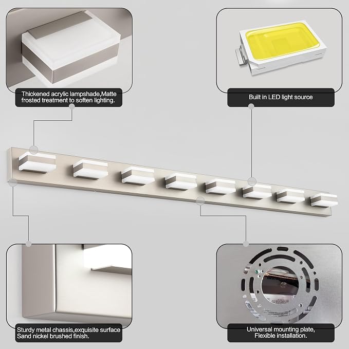 SOLFART Bathroom Light Fixtures Brushed Nickel Vanity Lights for Bathroom Above Mirror, 8 Light Led Lighting Fixture, Nickel Vanity Light, 61 Inch Vanity Light Over Mirror