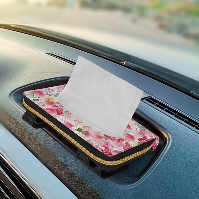 Rose Car Sun Visor Napkin Holder Hearts Print Sun Visor Tissue Holder PU Leater Backseat Tissue Box Gift for Women Wife Girls