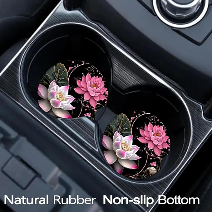 2 Pack Lotus Flower Car Cup Holder Coasters Universal Neoprene Coasters | 2.75" Universal Size Anti Slip Rubber Mat, Auto Cup Holder Accessories for SUV Truck, Lotus Flower Gifts for Women Men Mom