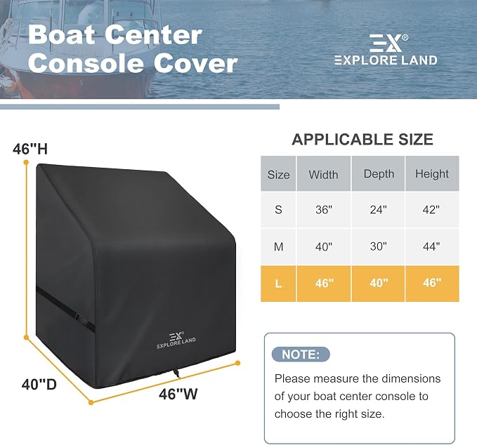 Explore Land Waterproof Boat Center Console Cover Fade Resistant 600D Marine Grade Fabirc Size up to 46" W x 40" D x 46" H, Black