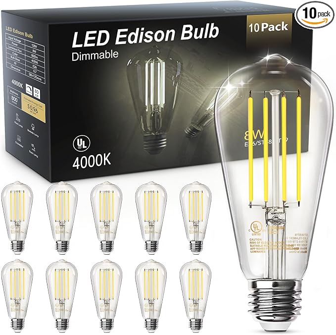 TJOY LED Edison Light Bulbs, E26 Dimmable Vintage Bulb, 8W = 60W Equivalent | Neutral White 4000K, 800LM, E26 Base, ST19/58, 80+ CRI, Clear Glass, Antique Decorative Filament Bulb for Living Room, 10Pack