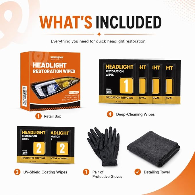 Headlight Cleaner Wipes Kit, 6 Wipes 2-Step Headlight Restorer for Cloudy Yellow Plastic Lenses, Removes Light Oxidation and Haze, No Sanding, Protective Coating for Cars