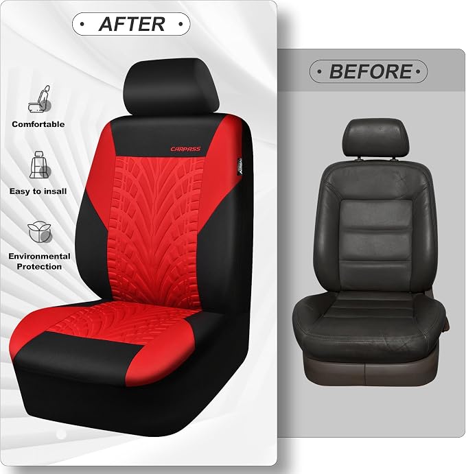 CAR PASS Car Seat Covers Two Front Only for Car, 3D Tyre Print Automotive Interior Covers, Airbag Compatible, Quick Setup Universal Fit Seat Covers for Car, Truck, SUV(Black Red)