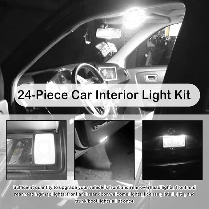24PCS Interior Car Lights LED Kit,Super Bright 6500K Interior Dome Light for Side Marker/Map/License/Trunk Light,Upgrade T10/31mm/42mm Car Lights Interiors Kit with Pry Tool (White)