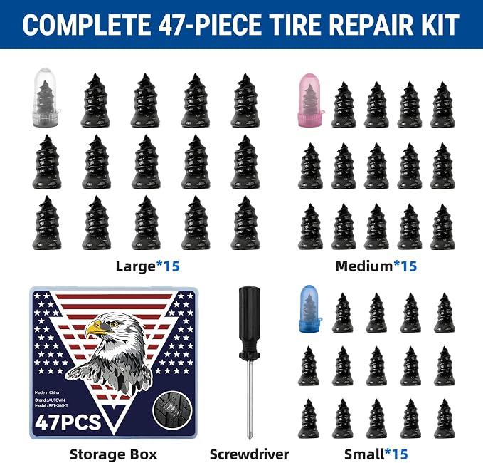 AUTOWN 47PCS Tire Repair Rubber Nail Kit - Complete Set with 3 Sizes, Storage Box & Screwdriver - for Car, Truck, Motorcycle & More