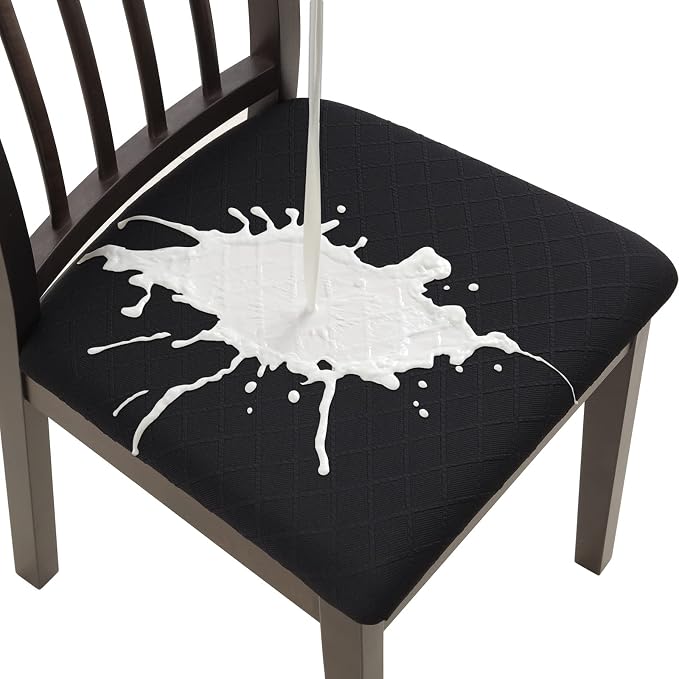 Fuloon Waterproof Seat Cushion Covers 4 PCS, Stretch Jacquard Chair Seat Covers Washable Dining Room Chair Slipcovers Removable Kitchen Cushion Protector (4, Waterproof-Black)