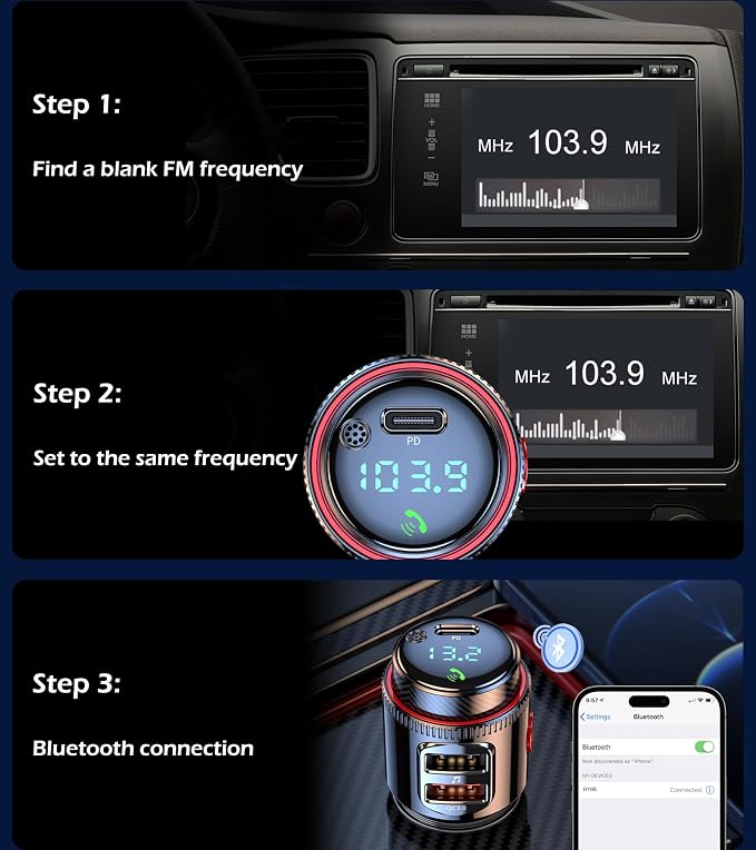 LIHAN Bluetooth 5.4 Car FM Transmitter,Wireless Radio Adapter with 48W(PD 30W USB-C & QC3.0) Fast Charging,Hands-Free Calls,HiFi Deep Bass,Siri/Google Assistant,Music Player for Cars/Trucks/Vans