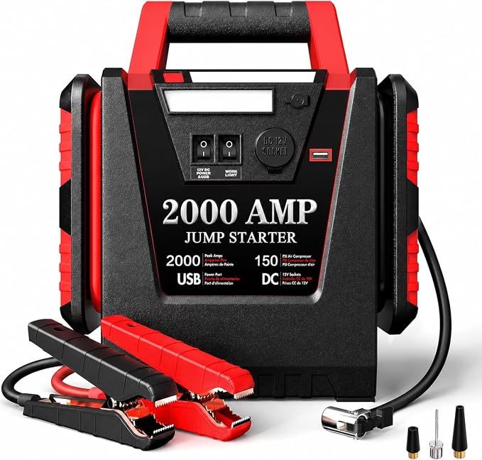 Jump Starter with Air Compressor,2000A Car Battery Jumper Starter 150 PSI Tire Inflator,6 in 1 Auto Lead-Acid Battery Booster Jump Starter for Up to 10.0L Gas or 8.0L Diesel with LED Light
