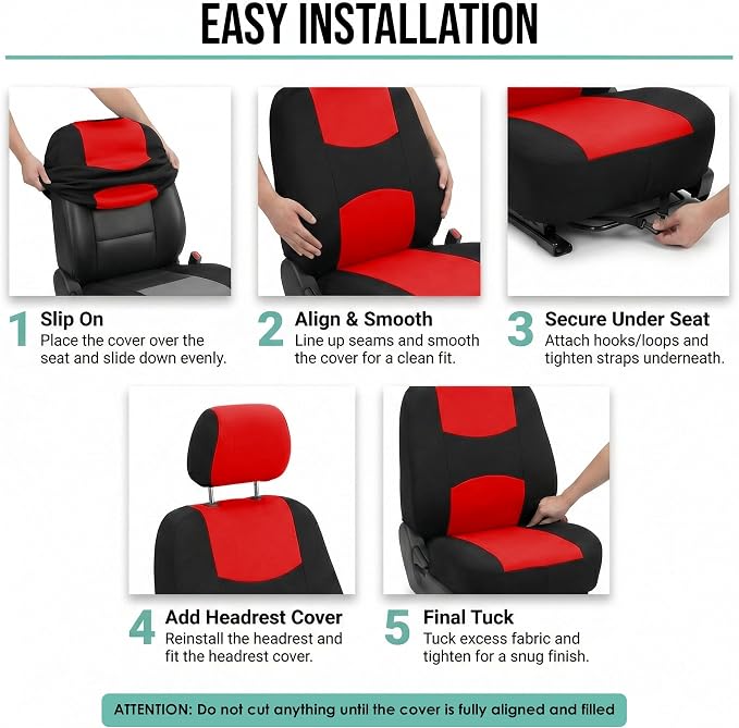 FH Group Car Seat Covers Full Set Cloth - Universal Fit Automotive Seat Covers, Low Back Front Seat Covers, Solid Back Seat Cover, Washable Car Seat Cover for SUV, Sedan and Van Red