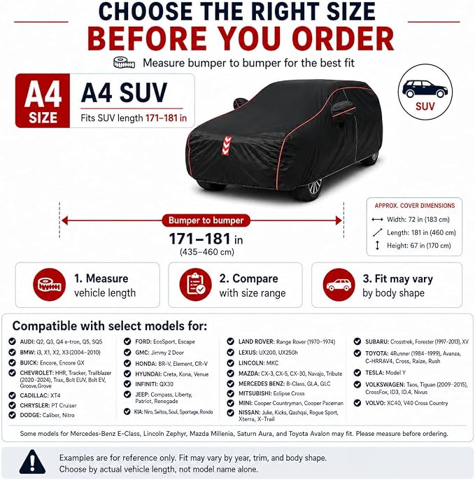 SUV Car Cover Waterproof All Weather, 8-Point Fastening, Fits Up to 181 in | 8-Point Fastening, 120s Quick Setup, 600D Oxford Fabric, All-Weather Protection