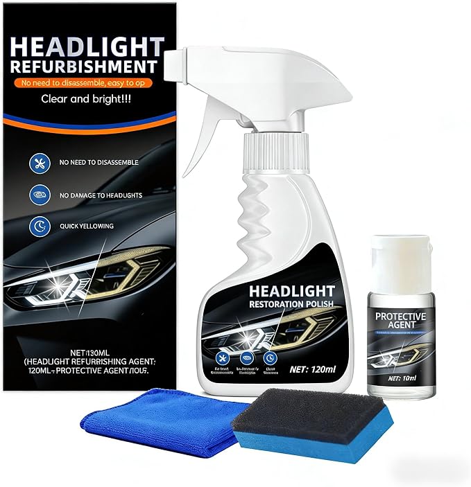 10X Brighter Headlight Restoration Kit - Pro Grade Headlight Cleaner & Sealant, Fixes Yellowed Cloudy Lenses to Crystal Clear in 5 Mins, Car Accessories Car Cleaning Supplies for Night Driving Safety