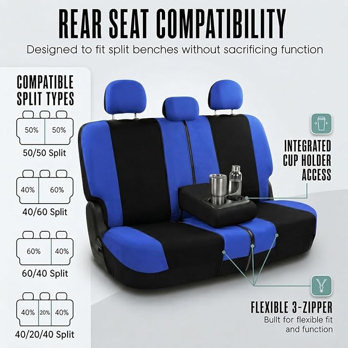 FH Group Full Set Cloth Car Seat Covers , Universal Fit Combo Set with Steering Wheel Cover and Seat Belt Pad for Cars, SUVs and Trucks, Blue