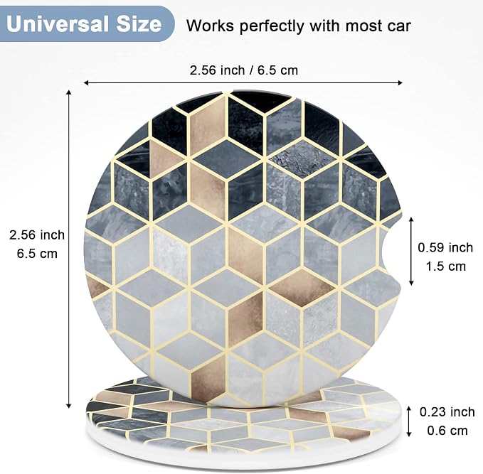 Nipichsha Car Coaster for Cup Holders, 2 Pack Absorbent Ceramic Car Cup Holder Coaster for Drinks, Cute Auto Assecories for Women Men, Size 2.56 in with Finger Notch & Cork Base, Gray Gold Rhombus