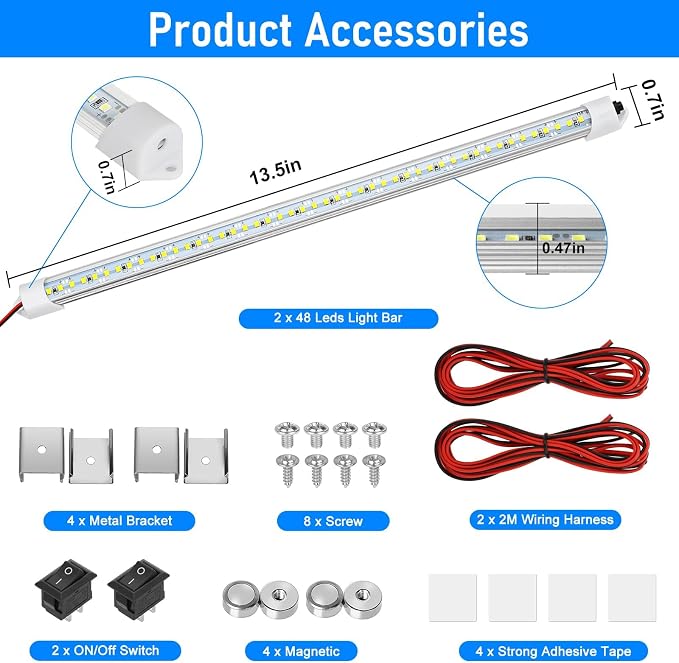 Linkstyle 2PC 12V LED Interior Light Bar 6500K 700LM with Switch for RV Van | 48 LEDs 3W low power use 30,000-hour lifespan slim aluminum housing magnetic adhesive screw mounting for trailers and boats