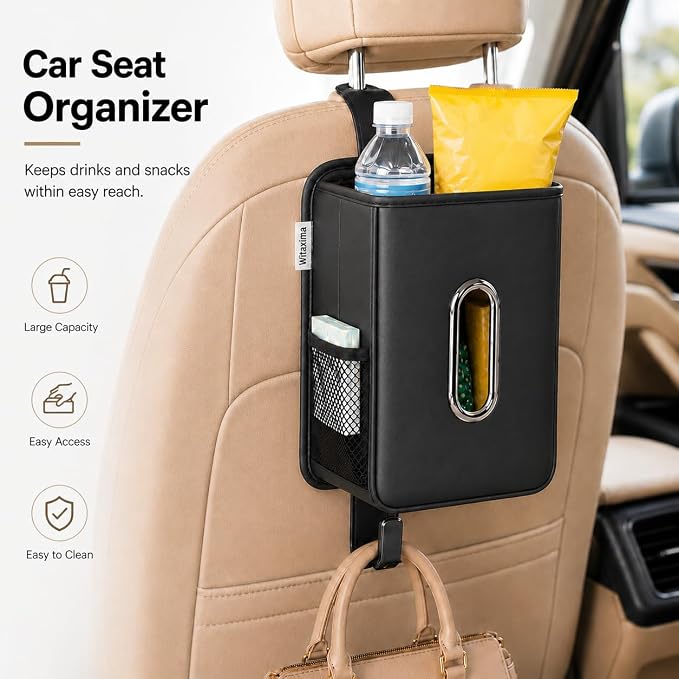 Witaxima 4 in 1 Car Tissue Holder 2 Pack with Headrest Hooks, Small Trash Can & Seat Back Organizer, PU Leather Tissue Box Cover for 120 Tissues, Trash Pockets & Hook Set, Keep Car Tidy，Black