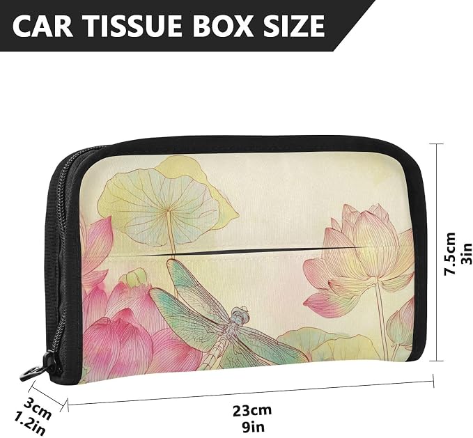 Car Tissue Holder Car Napkin Holder Tissue Box Dispenser Storage Case Sun Visor Mask Holder Accessories with Adjustable Straps Reusable Refillable Dragonfly Lotuses Yellow