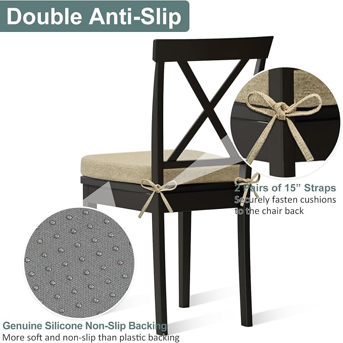 Shinnwa Dining Chair Cushions, Patented Design Molded Memory Foam Seat Cushions for Dining Chairs with Ties and Washable Cover, 17" x 16" x 2", Natural Linen