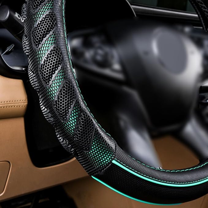 Flying Banner car Steering Wheel Cover Faux Leather Massage Universal fit 3D Honeycomb Hole Anti-Slip Sporty 15 Inches (Mint Green Black)