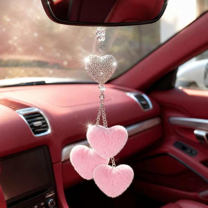 Frienda Pink Car Rear View Mirror Accessories for Women Bling Heart Shaped Rhinestone Hanging Charm Sparkly Rear Mirror Ornament Pendant Gift for Girlfriend Wife Female Drivers Car Interior Decoration