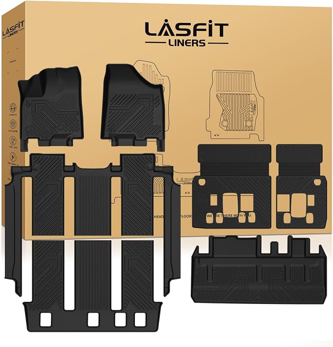 LASFIT Floor Mats & Cargo Liner for Toyota Sienna 7 Seat 2013-2020 (Only Fit LE 7 Seat/XLE 7 Seat Fixed Center Console) All Weather TPE Custom Fit Floor Liner & Trunk Mat Full Set Mat Accessories