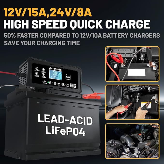 15A Smart Car Battery Charger, 12V/24V Automotive Battery Maintainer & Desulfator Compatible with 12.6V Lithium, LiFePO4, AGM, Gel, Lead-Acid, Trickle Charger for Truck, Motorcycle, RV (Black)