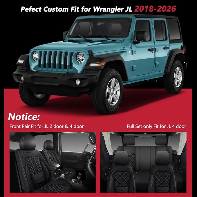 Wrangler Seat Covers 2018-2026,Custom Fit for Jeep Wrangler JK JL 4 Door Unlimited Sahara/Sport/Rubicon X 392 Willys,Waterproof Faux Leather and Lumbar Support (Black, Full Set-5 seats(18-26))