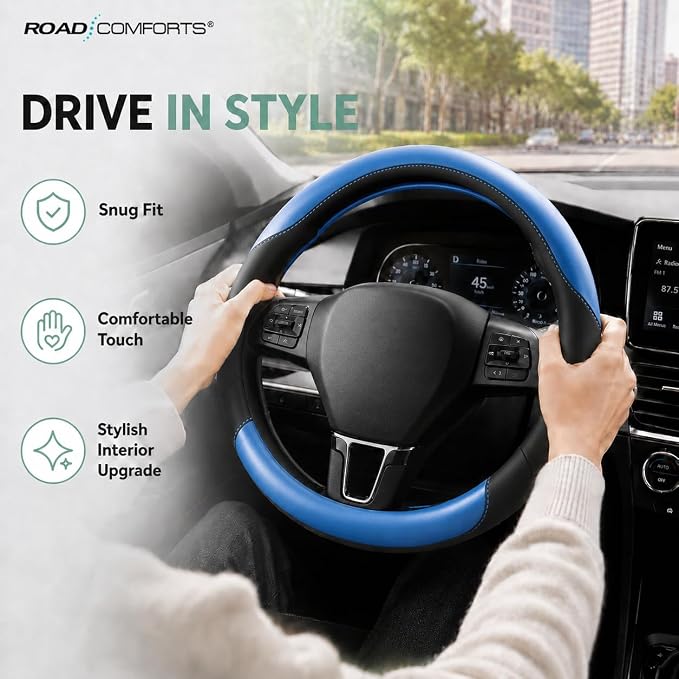 Road Comforts Steering Wheel Cover – Breathable Leather Steering Wheel Cover, Anti-Slip Grip, Universal Fit 14.5” to 15”, Heat & Cold Resistant for Cars, SUVs, and Trucks – Black & Metallic Blue