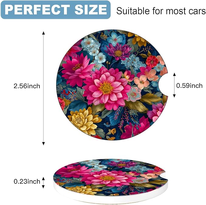 Car Cup Holder Coaster Set of 2, 2.56 in Ceramic Coasters, Scratch-Resistant Cork Backing, Finger Groove Design for Easy Placement, Cute Car Accessories Interior for Women (Colorful Flowers)