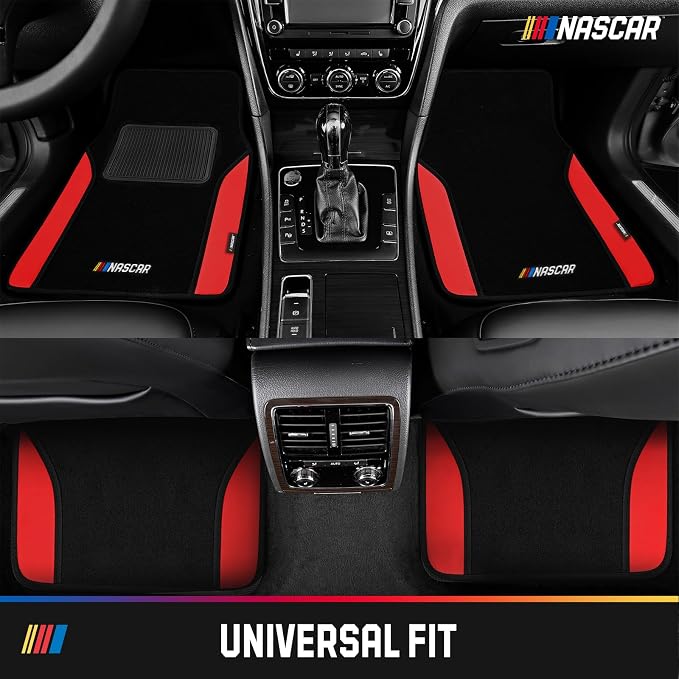 NASCAR Car Floor Mats, Carpet & Red Leather Design Car Mats, Universal-Fit All-Weather Car Floor Mats with Built-in Heel Pad & Anti-Slip Backing, Durable Odorless Automotive Interior Accessories