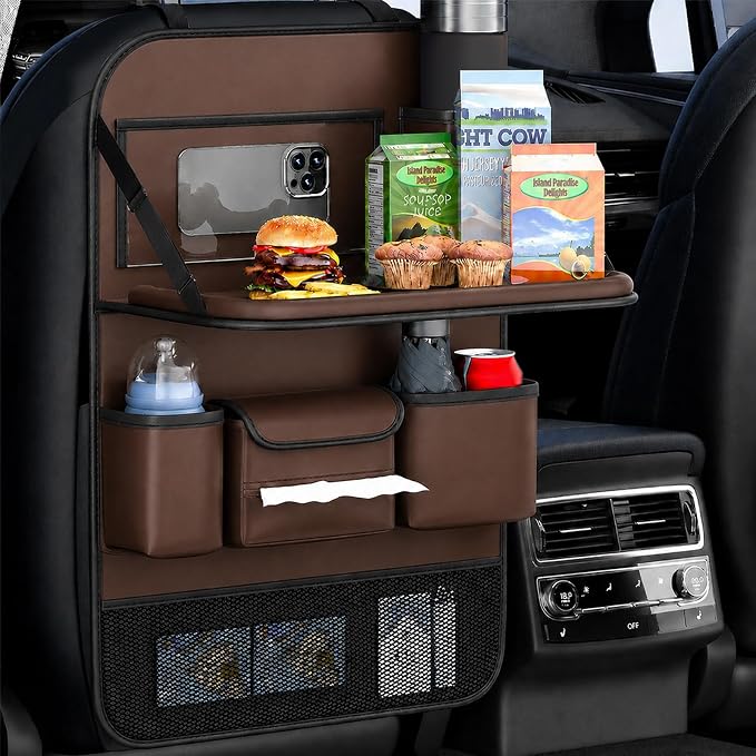 Car Seat Organizers,Multi-functional Back Seat Protectors, Storage Pouches, and Tray Holders (for Cars, Kids, Seat Back and Rear Seats)（Brown1 Pcs）