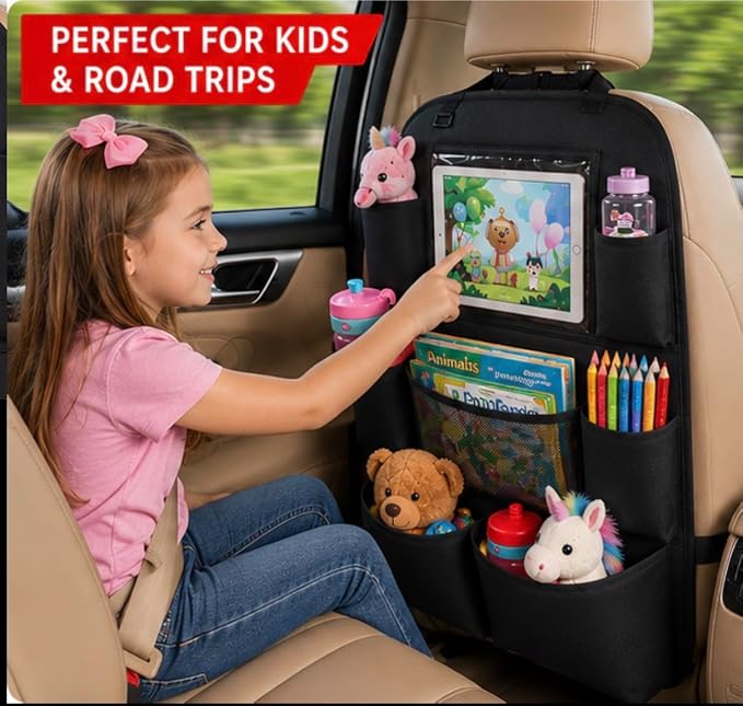 Car Backseat Organizer with Tablet Holder, Multi-Pocket Storage, Kick Mat Seat Protector for SUV, Truck