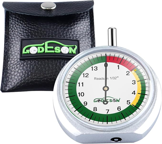 GODESON Tire Tread Depth Gauge,Dial Type Tire Depth Gauge in 32nds,Color-Coded and Easy Reading Tread Depth Gauge Professional for Motorcycle, Car,Truck and Bus, Silver Powder-Coated Zinc Alloy Casing