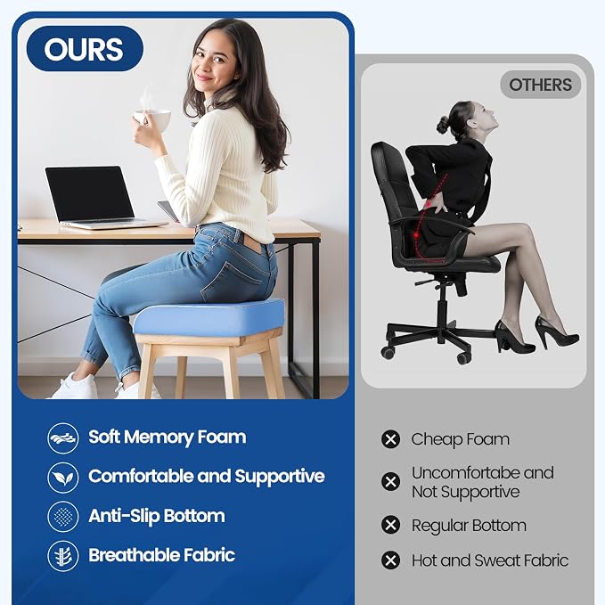 SweetSlubr Seat Cushion for Tailbone Pain Relief, Office Chair Cushion, Memory Foam Large Chair Pad with Non-Slip Cover for Soft Support at Office Chair, Car Seat, Airplane Light Blue/2X-Large