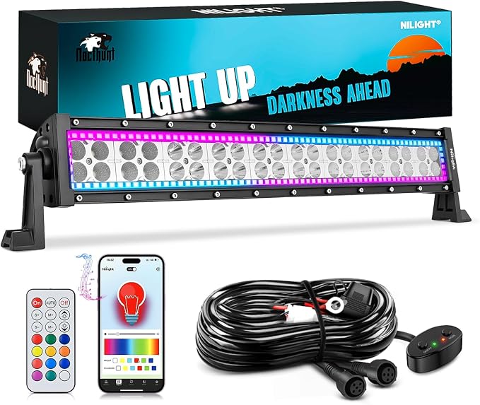 Nilight LED Light Bar 22Inch 120W Cube Flood Offroad Work Light with RGB Halo Strip Multi Chasing Flash Strobe Mode APP & Remote Control IP67 Waterproof for Truck Pickup Golf Cart SUV ATV UTV