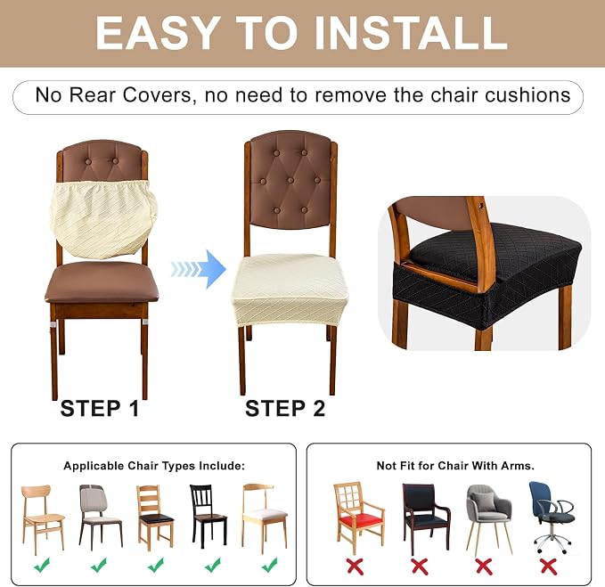 Genina Waterproof Seat Covers for Dining Room Chairs Covers Dining Chair Slipcovers Protector, No Rear Covers (Black, 6 Pcs)