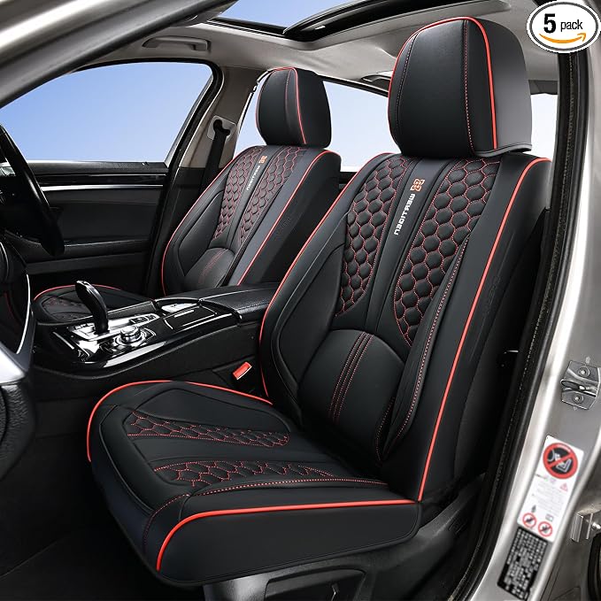 Black and Red Leather Car Seat Cover Set, with Lumbar Support | OEM-Inspired Interior Upgrade