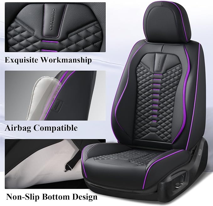 Coverado Leather Seat Covers, Car Seat Covers Full Set, Nappa Leather Seat Covers for Cars, Car Seat Protectors Waterproof, 5 Seats Black&Purple Automotive Seat Covers Fit for Most Cars Trucks