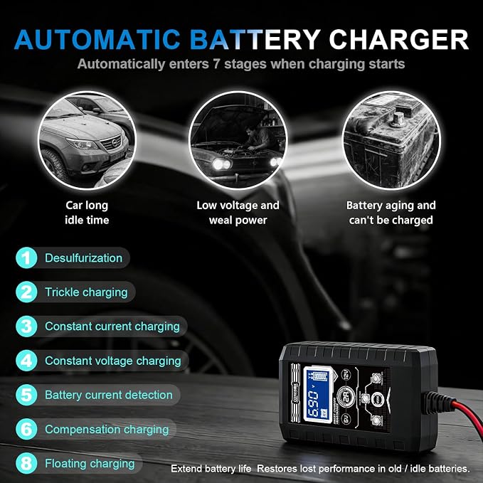 COREBOX Battery Charger 2-Amp 6V/12V Smart Trickle Charger for Car - Battery Maintainer Trickle Charger, and Automotive Battery Charger with Temperature Compensation for Car Truck Motorcycle
