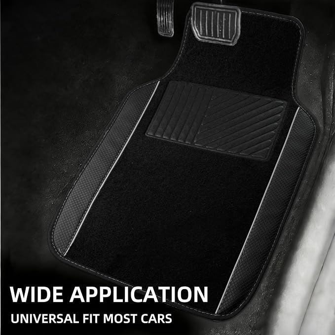 NBTEPEM Waterproof Universal Fit Car Floor Mats, Faux Leather Sporty Car Carpet Mats with Anti-Slip Nibbs Backing & Driver Heel Pad Fit for SUV, Vans, Sedans, Trucks, Set of 4 (Black with Grey line)