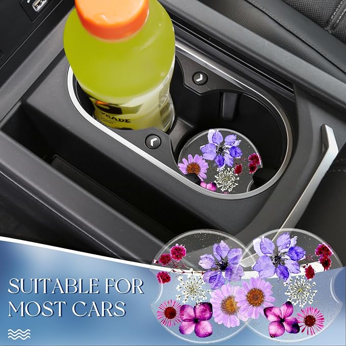 Swooflia Flower Car Cup Holder Coasters for Women - 2.75 Inch Cute Resin Clear Automotive Drink Cupholder Insert Car Accessories 2 Pack Pink Purple