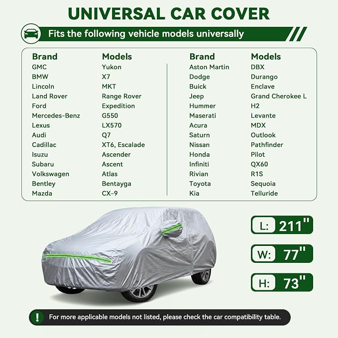 AUQDD 6-Layers Premium SUV Car Cover Waterproof All Weather Weatherproof UV Sun Protection Snow Dust Storm Resistant Outdoor Exterior Custom Form-Fit Full Padded Car Cover with Straps 198"-208" K9