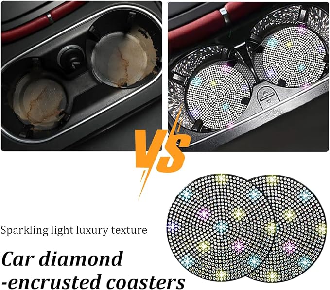 27PCS Bling Car Accessories Set for Women, 14.5-15" Rhinestone Steering Wheel Cover Cup Coaster, USB Charger Phone Holder Headrest Hook, Diamond Auto Interior Decor, Universal Fit (Multicolor)