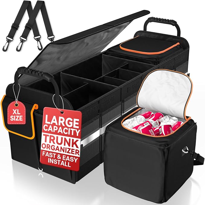 XL Heavy-Duty Trunk Organizer for Car, 6 Adjustable Compartments & Cooler | Car Trunk Organizer With Lid & Removable Leakproof Cooler Bag, Reinforced Panels, Non-Slip Base, Tie-Down Straps For Sedan